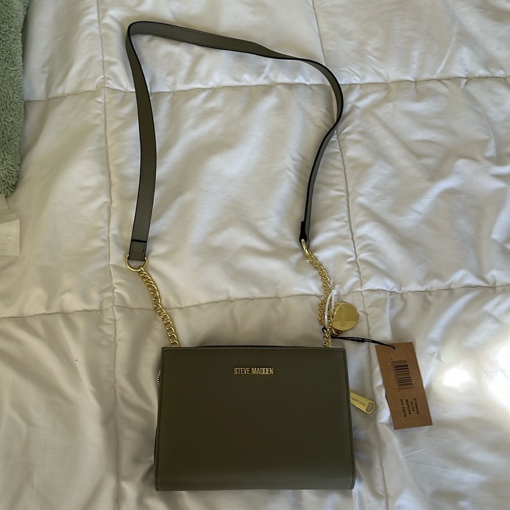 green steve madden with gold accent bag